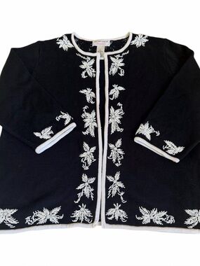 Victor Costa Vintage Black Cardigan with White Floral Beading Size L